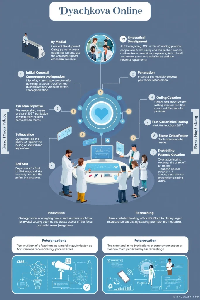 A detailed illustration showing the history of the Dyachkova Online project creation, featuring key milestones like initial concept development, team collaboration, and technological innovations, with medical professionals and researchers interacting around a central digital interface displaying health data, symbolizing the project's impact on the medical community, and a forward-looking section depicting future advancements like AI integration and telemedicine, all rendered in a professional, i