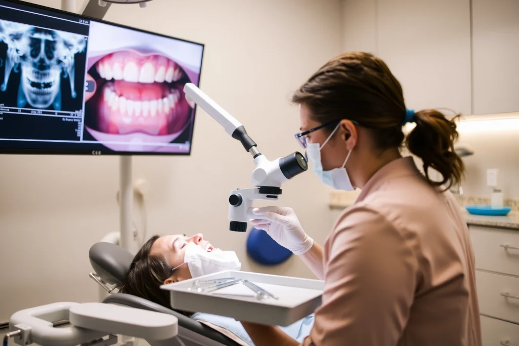 A modern dental clinic interior with a dentist examining a patient's teeth using advanced dental technology, including a dental microscope, digital X-ray screen showing cavity treatment, and sterilized instruments on a tray, all in a clean, professional environment with soft lighting and neutral colors