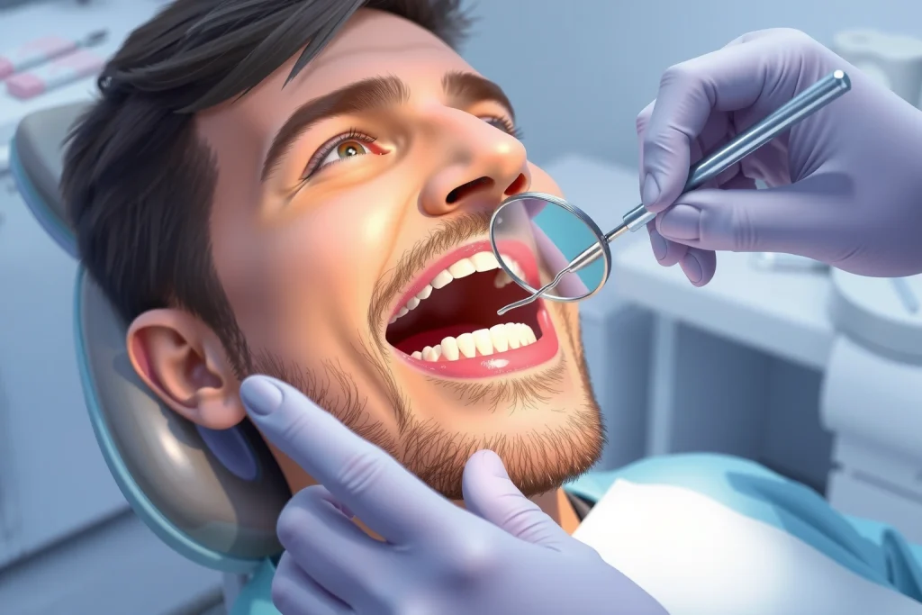 A close-up illustration of an adult patient sitting in a modern dental chair, dentist examining teeth with a mirror and probe, focus on a molar with visible early-stage caries, clean clinical background with dental tools and soft lighting, educational and professional tone