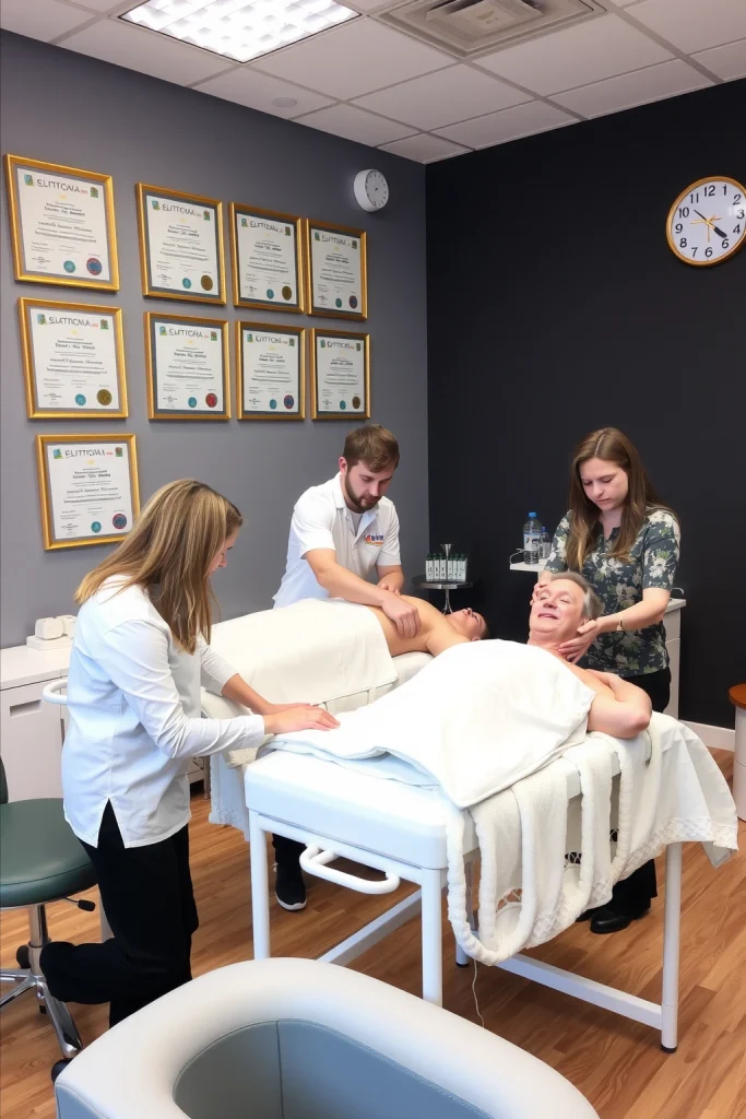 A professional massage school classroom in Moscow with students practicing massage techniques on a client, showing certificates and diplomas on the wall, modern equipment, and a welcoming atmosphere