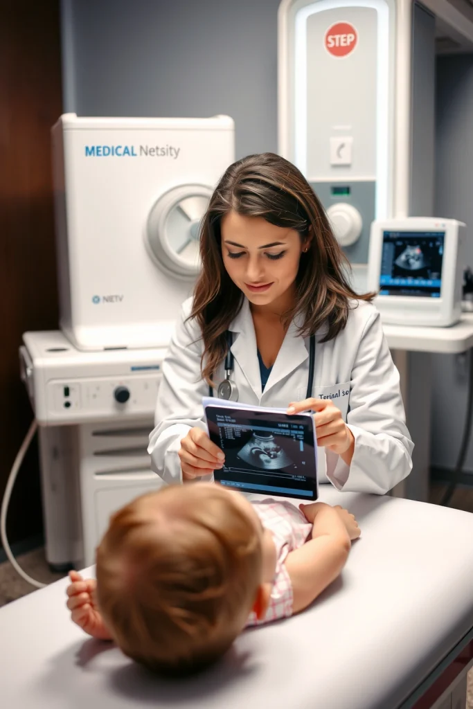 A professional medical setting showing a female pediatric ultrasound doctor in a white coat with a stethoscope, carefully performing an ultrasound on a young child lying on an examination table, with a focused and attentive expression, modern medical equipment in the background, soft lighting, conveying professionalism and careful attention to detail