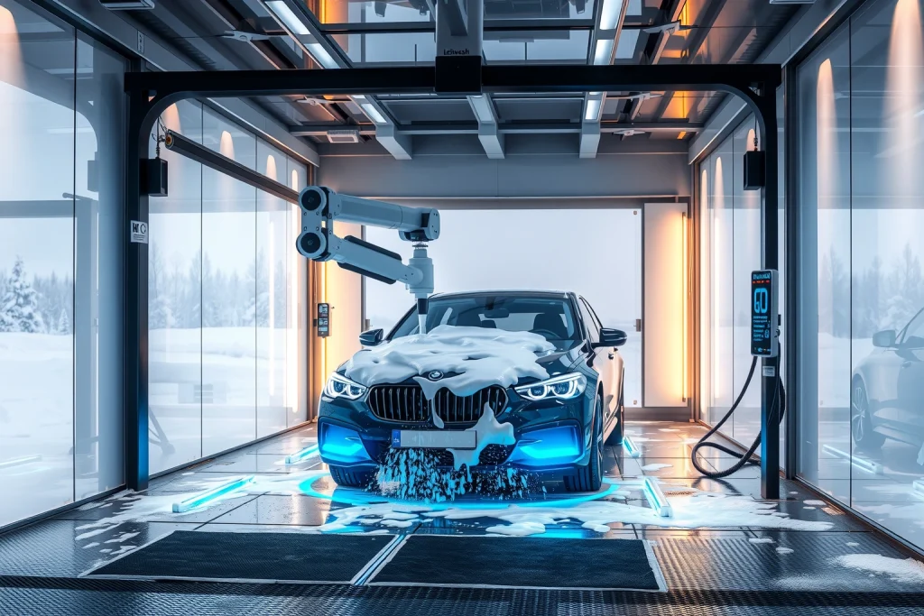 A modern contactless car wash system LeisuWash in operation in Russia, showing a sleek robotic arm spraying water and foam on a car inside a clean, high-tech wash bay with transparent walls, soft ambient lighting, and a digital display showing wash progress, surrounded by a snowy Russian landscape visible through the background glass, emphasizing innovation and winter readiness