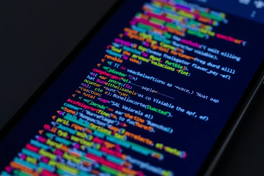 A modern smartphone screen displaying lines of colorful source code in a code editor interface, with subtle app UI elements visible in the background, representing mobile app development; the code includes syntax highlighting for variables, functions, and comments, suggesting active development work; minimalistic, clean, professional aesthetic with a focus on the code as the central element