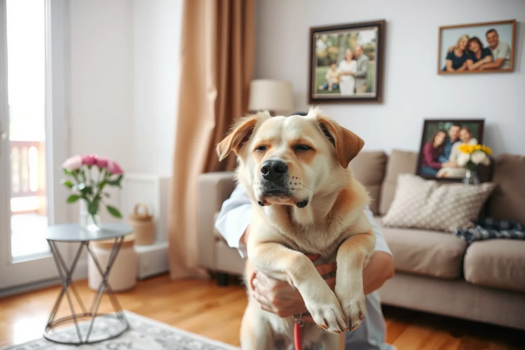 A compassionate scene of a veterinarian gently holding a peaceful elderly dog in a cozy Moscow home living room, soft natural light from a window, warm wooden floors, a small bouquet of flowers on a side table, a framed photo of the pet with its family on the wall, no medical equipment visible, emphasizing dignity and care