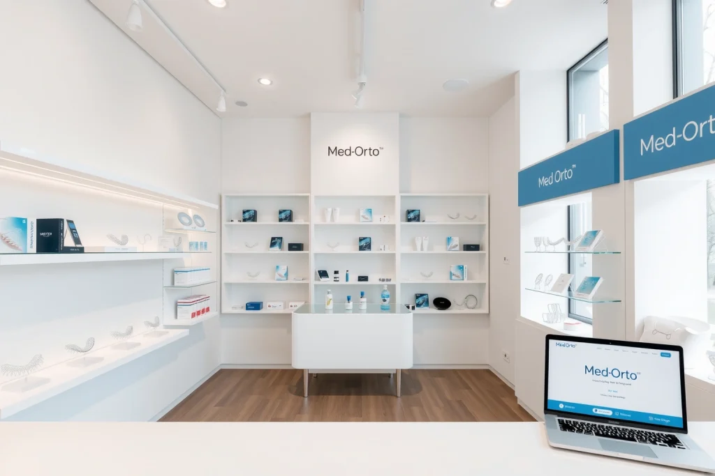 A modern orthodontic online store interior in Yekaterinburg, featuring sleek display shelves with dental aligners, braces, and orthodontic tools, a clean white and blue color scheme, a laptop showing the Med-Orto website interface, soft natural lighting from large windows, minimalist design, professional and trustworthy atmosphere