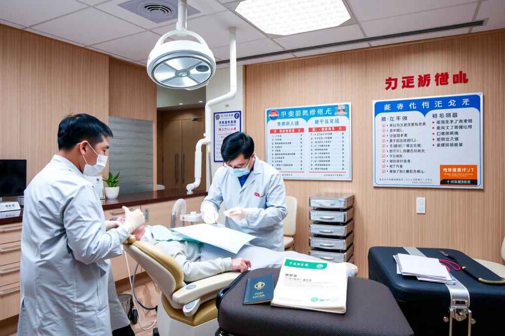 A modern dental clinic in China with Chinese dentists treating a patient, showing dental equipment, a reception desk with Chinese signage, and a bulletin board displaying price lists, treatment timelines, and warranty information in Chinese characters; a suitcase and travel documents (passport, insurance card) placed nearby on a chair, suggesting medical tourism; warm, clean, professional atmosphere with soft lighting