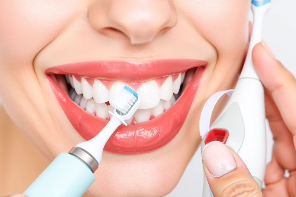 A close-up of a healthy smiling mouth with bright white teeth, a modern electric toothbrush in hand, a small bowl of water, and a dental floss ribbon, all arranged on a clean white background, illustrating a dentist's recommendation for daily oral care