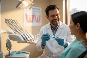 A smiling dentist in a modern dental clinic, holding a toothbrush and explaining oral hygiene to a patient, with dental tools, a mirror, and a poster about tooth care on the wall, warm natural lighting, detailed and realistic