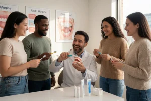 A clean, modern dental clinic interior with a smiling dentist demonstrating proper brushing technique to a diverse group of adults and children, holding a toothbrush and dental model, soft natural lighting, educational posters about oral hygiene on the walls, toothpaste and floss visible on a counter, warm and welcoming atmosphere