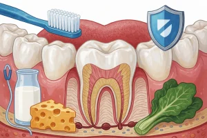 A close-up illustration of healthy human teeth with strong enamel, gums, and roots, showing cross-sectional details of dentin and pulp, surrounded by symbols of oral care: a toothbrush, dental floss, calcium-rich foods (like milk, cheese, leafy greens), and a shield icon representing protection, all rendered in a clean, educational, and visually appealing style suitable for a health article