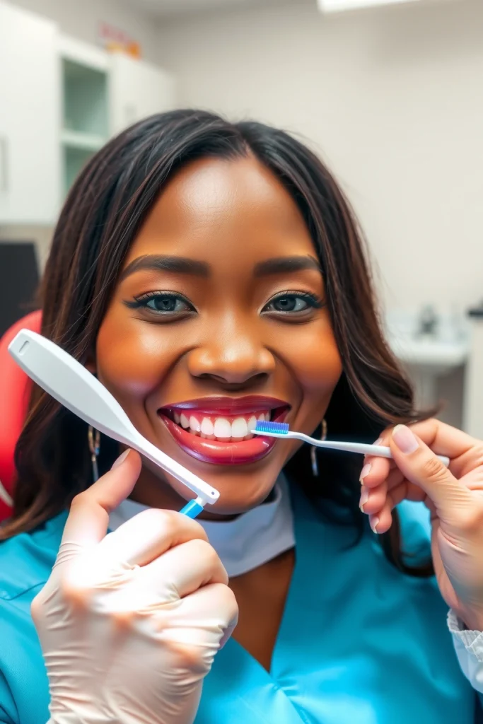 A smiling person with healthy white teeth, showing a dental checkup scene with a dentist examining teeth, emphasizing good oral hygiene habits like brushing and flossing, with a clean dental clinic background