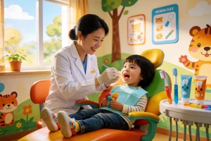 A warm, friendly pediatric dental clinic interior with a smiling dentist in a white coat gently examining a child's teeth in a colorful, playful dental chair. The child is relaxed and holding a small toy, with cartoonish toothbrushes and toothpaste tubes on a nearby shelf. Soft natural light comes through a window showing a sunny day outside. The walls are decorated with cheerful animal-themed murals and educational posters about brushing teeth. No text, signs, or letters visible anywhere in the