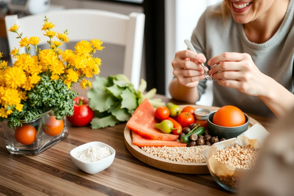 A person wearing dental prostheses (dentures) seated at a dining table, enjoying a balanced meal with fresh fruits, vegetables, and whole grains, illustrating proper nutrition for prosthesis care