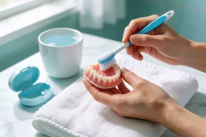 A close-up illustration of a person's hands gently cleaning a full set of dentures with a soft brush and denture cleaning solution, placed on a clean white towel beside a cup of water and a denture case, with soft natural lighting and a calm, hygienic bathroom background