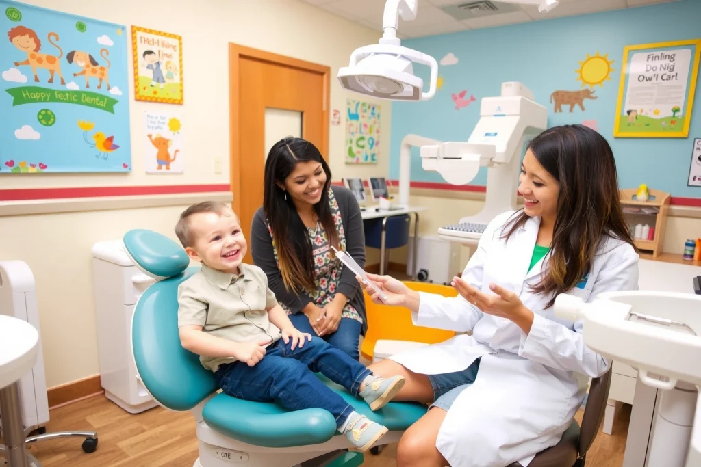 A cheerful pediatric dental clinic interior with a smiling child sitting on a dental chair, a friendly dentist in a white coat holding a dental tool, a parent watching, bright colorful decor, child-friendly posters, and a dental X-ray machine in the background.