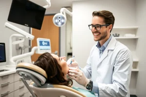 A modern, clean dental clinic interior with a smiling dentist in a white coat examining a patient's teeth using advanced dental equipment, soft natural lighting, professional and welcoming atmosphere, high detail, realistic medical setting