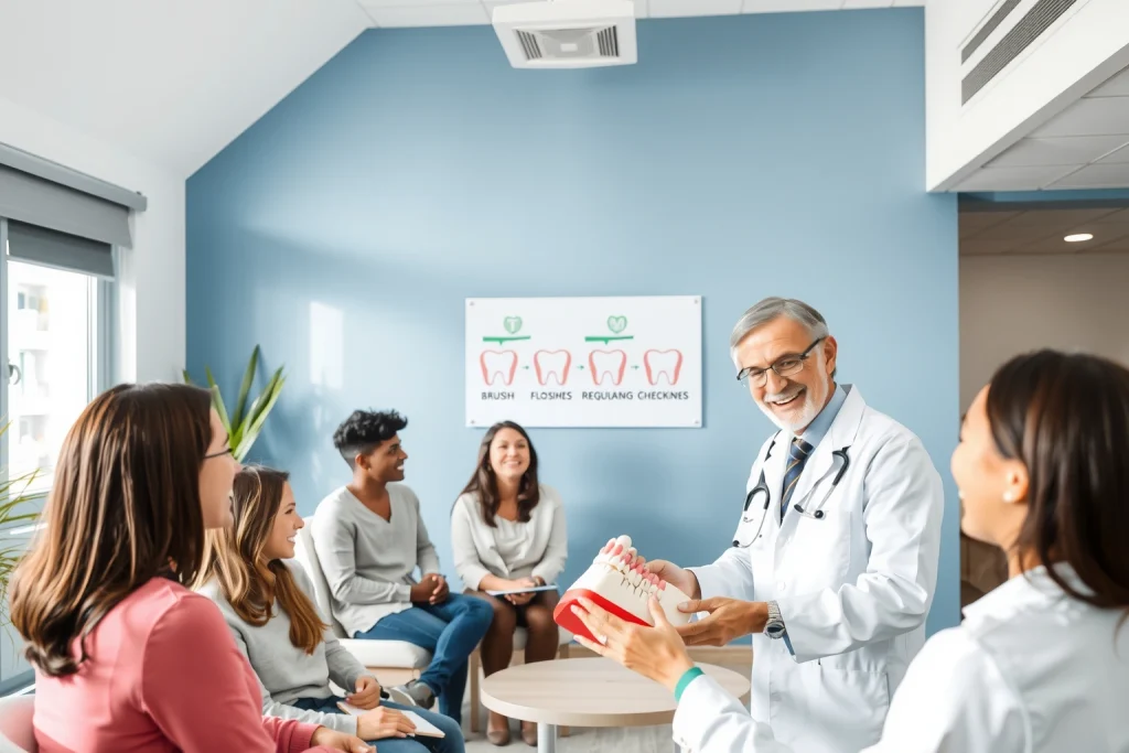 A modern, clean dental clinic interior with a smiling dentist in a white coat explaining preventive dental care to a diverse group of patients (different ages and ethnicities) in a bright, welcoming waiting area. On the wall, a poster shows a timeline of oral hygiene steps: brushing, flossing, regular check-ups. A dental hygienist demonstrates proper brushing technique on a model jaw. Soft natural light from large windows, minimalist design, calming blue and white color scheme. No text, no signs