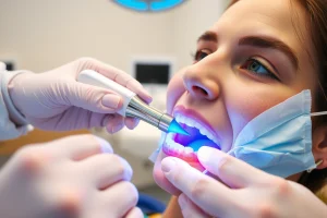 A modern dental clinic interior with a dentist using an innovative ultrasonic device to remove dental plaque from a patient's teeth, close-up view of the tool interacting with enamel, soft blue and white lighting, scientific accuracy, no text or labels visible