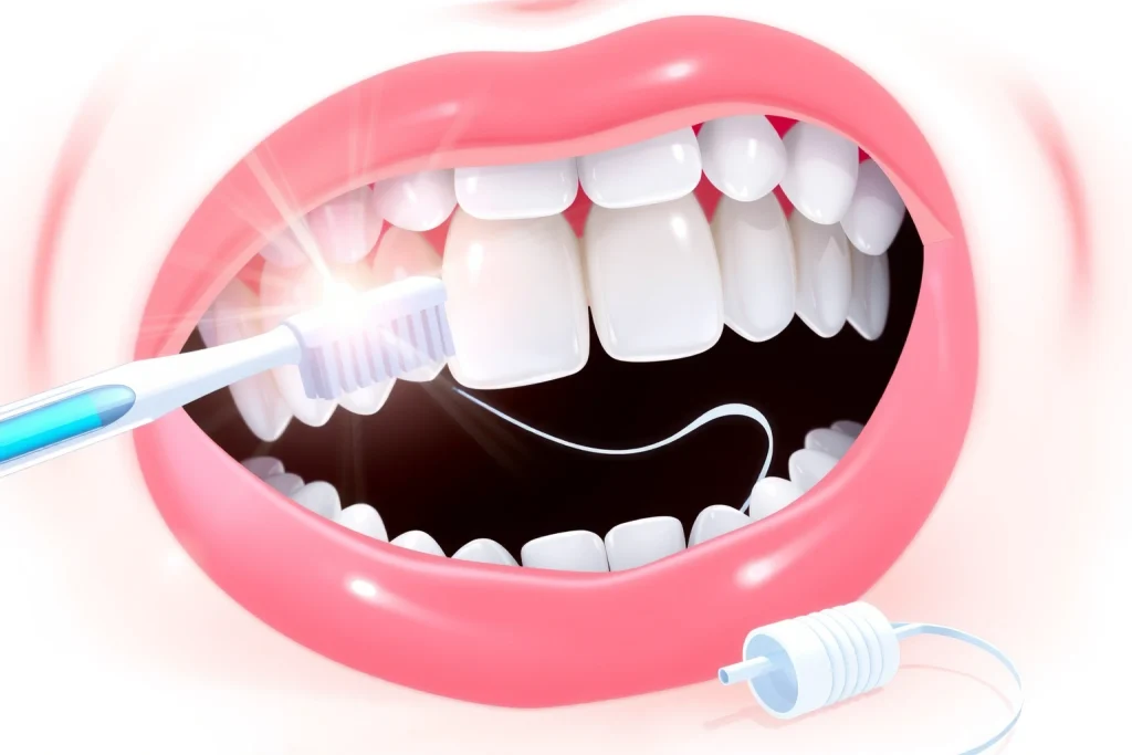 A close-up illustration of healthy pink gums surrounding clean white teeth, with a soft glowing aura indicating oral health, a toothbrush and dental floss gently placed nearby on a clean white background, subtle light rays emphasizing cleanliness and care