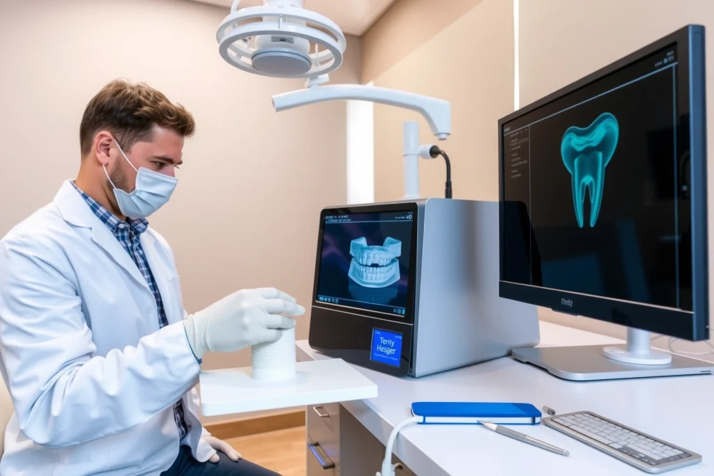 A modern dental clinic interior with a dentist using a 3D printer to create a custom dental crown, showing detailed layers of biocompatible material being deposited, a digital scan of a tooth on a nearby monitor, and sterile tools arranged neatly on a counter, soft natural lighting, realistic textures, professional atmosphere