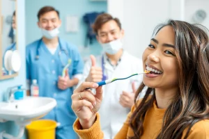 A cheerful child brushing teeth with a colorful toothbrush in a bright, clean bathroom, holding a small tube of fluoride toothpaste, with a friendly dentist in the background smiling and giving a thumbs-up, soft natural lighting, educational and positive atmosphere, no text or symbols visible