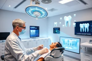 A modern dental clinic interior with advanced technology: a dentist using a digital intraoral scanner on a patient, a 3D printer creating a dental crown, a touchscreen displaying AI-assisted treatment planning, and holographic models of teeth floating in the air, all in a clean, bright, high-tech environment with soft blue and white lighting