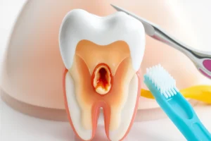 A close-up illustration of a healthy human tooth with visible root canals, showing proper dental hygiene tools like a toothbrush and floss nearby, soft natural lighting, clean clinical background, emphasizing prevention and care