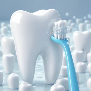 A close-up illustration of healthy human teeth with strong enamel, showing a toothbrush gently brushing the surface, fluoride droplets forming a protective shield around the teeth, and subtle glowing highlights indicating mineral reinforcement. Background is soft white with faint dental hygiene icons like floss and toothpaste tubes blurred in the distance.