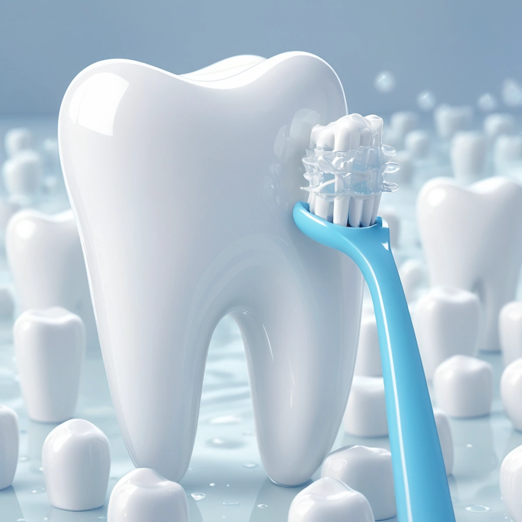 A close-up illustration of healthy human teeth with strong enamel, showing a toothbrush gently brushing the surface, fluoride droplets forming a protective shield around the teeth, and subtle glowing highlights indicating mineral reinforcement. Background is soft white with faint dental hygiene icons like floss and toothpaste tubes blurred in the distance.