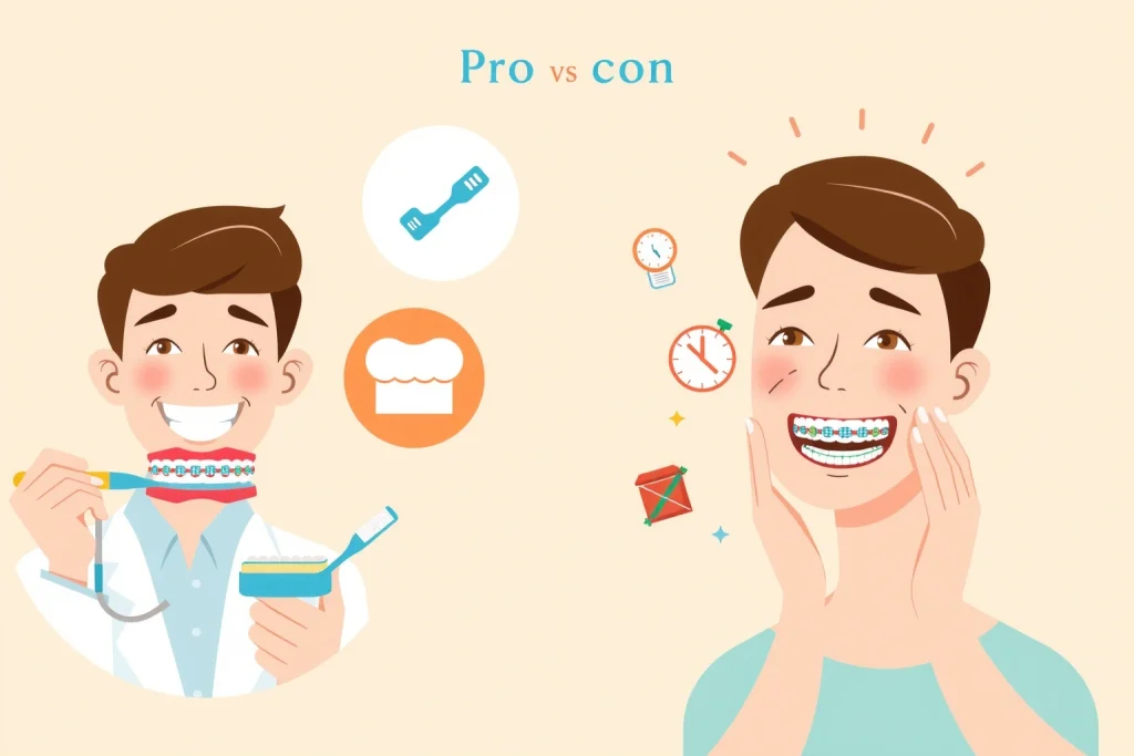 A split-screen illustration showing the pros and cons of dental braces: on the left side, a smiling person with straight, healthy teeth and a dentist holding a model of aligned teeth, surrounded by icons like a checkmark, a toothbrush, and a confident expression; on the right side, the same person with visible braces, experiencing mild discomfort, holding a sore cheek, with icons like a clock (long treatment time), food restrictions (sticky candy crossed out), and a slight frown; clean, modern,