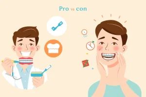 A split-screen illustration showing the pros and cons of dental braces: on the left side, a smiling person with straight, healthy teeth and a dentist holding a model of aligned teeth, surrounded by icons like a checkmark, a toothbrush, and a confident expression; on the right side, the same person with visible braces, experiencing mild discomfort, holding a sore cheek, with icons like a clock (long treatment time), food restrictions (sticky candy crossed out), and a slight frown; clean, modern,
