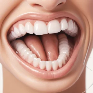 A close-up illustration of a person's mouth showing proper interdental cleaning with dental floss, focusing on the technique of gently sliding floss between teeth in a C-shape motion around each tooth, with visible gums and teeth in natural colors, soft lighting, and a clean, educational style