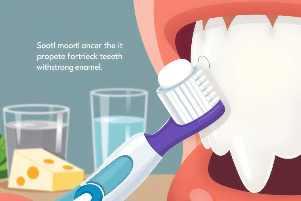 A close-up illustration of healthy human teeth with strong enamel, showing proper brushing technique with a soft-bristled toothbrush and fluoride toothpaste, dental floss between teeth, and a glass of water and calcium-rich foods (like cheese and leafy greens) in the background, all rendered in a clean, educational, and warm style suitable for a dental health article