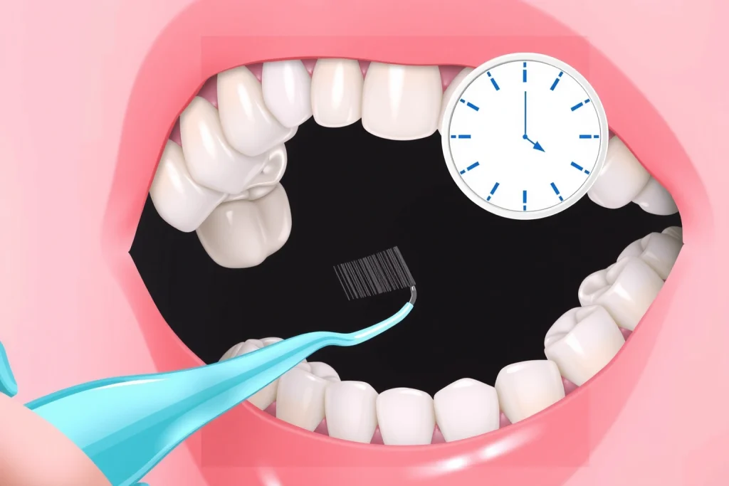 A close-up illustration of a human mouth with teeth, showing interdental spaces being cleaned using a small interdental brush, with a subtle clock in the background indicating the best time of day for cleaning