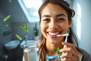 A close-up of a person smiling confidently with fresh breath, holding a toothbrush and a glass of water, standing in a clean modern bathroom with soft natural light, subtle mint leaves floating in the air to symbolize freshness, no text or symbols visible