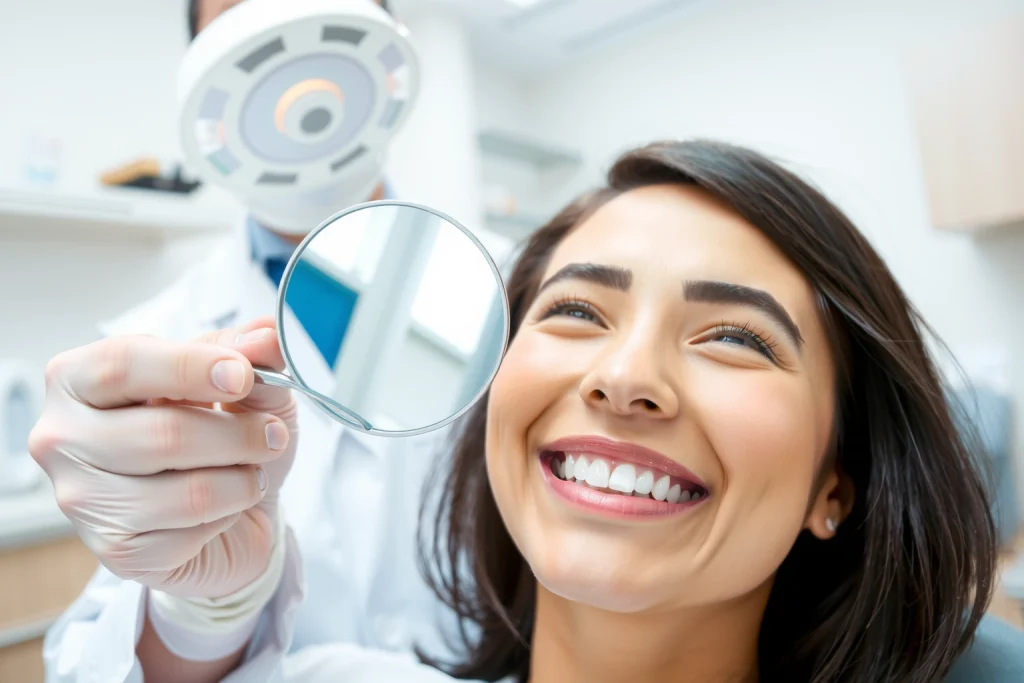 A close-up illustration of a person smiling confidently at a dental clinic, with a dentist in a white coat holding a dental mirror and pointing to clean, healthy teeth, soft natural lighting, modern dental office background with subtle equipment, focus on oral hygiene and fresh breath