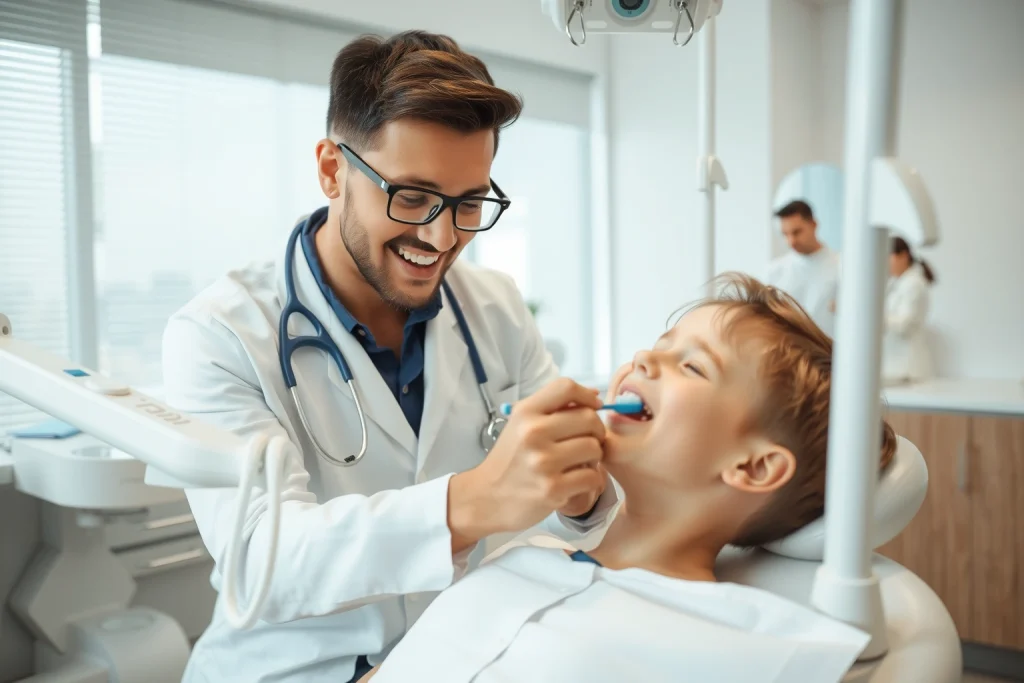 A friendly dentist in a modern dental clinic demonstrating proper tooth brushing technique to a patient, with a toothbrush, dental floss, and a mirror showing clean, healthy teeth; soft natural lighting, educational and positive atmosphere