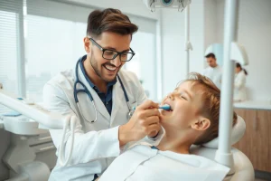 A friendly dentist in a modern dental clinic demonstrating proper tooth brushing technique to a patient, with a toothbrush, dental floss, and a mirror showing clean, healthy teeth; soft natural lighting, educational and positive atmosphere