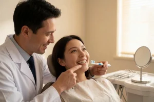 A warm, inviting dental clinic scene showing a smiling dentist in a white coat gently pointing to a patient's healthy, bright teeth while holding a toothbrush, with dental tools and a mirror on a counter in the background, soft natural lighting, focus on oral hygiene and confidence