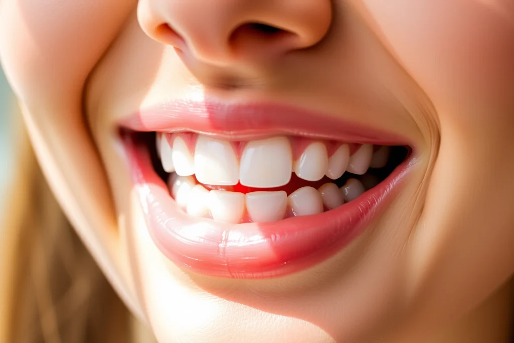 A close-up of a person's bright white smile showing healthy, gleaming teeth, with soft natural lighting highlighting the enamel, lips slightly parted, no visible dental tools or clinic background, focus on the radiant whiteness and natural beauty of the smile