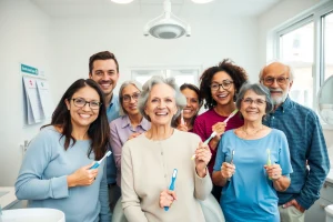 A diverse group of people of different ages — child, teenager, adult, and elderly — smiling confidently while holding toothbrushes and standing in a bright, modern dental clinic with clean white walls, soft natural light from large windows, and visible dental hygiene tools like floss, toothpaste, and a mirror in the background. The scene emphasizes preventive care and lifelong oral health, with subtle details like a calendar showing regular check-up reminders and a poster on the wall illustratin