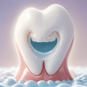 A close-up illustration of a human tooth with visible enamel and dentin layers, showing gentle brushing with a soft-bristled toothbrush and application of desensitizing toothpaste, surrounded by subtle visual cues of relief such as soft glowing light around the tooth and a calm facial expression of a person in the background, all in a clean, medical-educational style