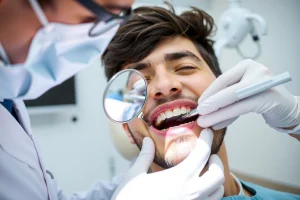 A modern dental clinic interior with a dentist examining an adult patient's teeth using a dental mirror and probe, focusing on a molar with visible early-stage caries, soft natural lighting, clean white walls, dental equipment in the background, professional and calm atmosphere