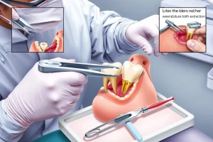 A detailed medical illustration showing the step-by-step procedure of tooth extraction in a dental clinic: a dentist wearing gloves and a mask using forceps to gently remove a tooth from a patient's jaw, with visible gum tissue, bone socket, and dental instruments on a tray; soft lighting, clinical environment, anatomical accuracy, no text or labels