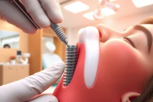A close-up illustration of a dental implant procedure showing a titanium screw being placed into the jawbone with a natural-looking crown attached above, soft tissue healing around the implant, and a calm patient in a modern dental clinic background, all rendered in warm, professional lighting with realistic textures and no visible pain or discomfort
