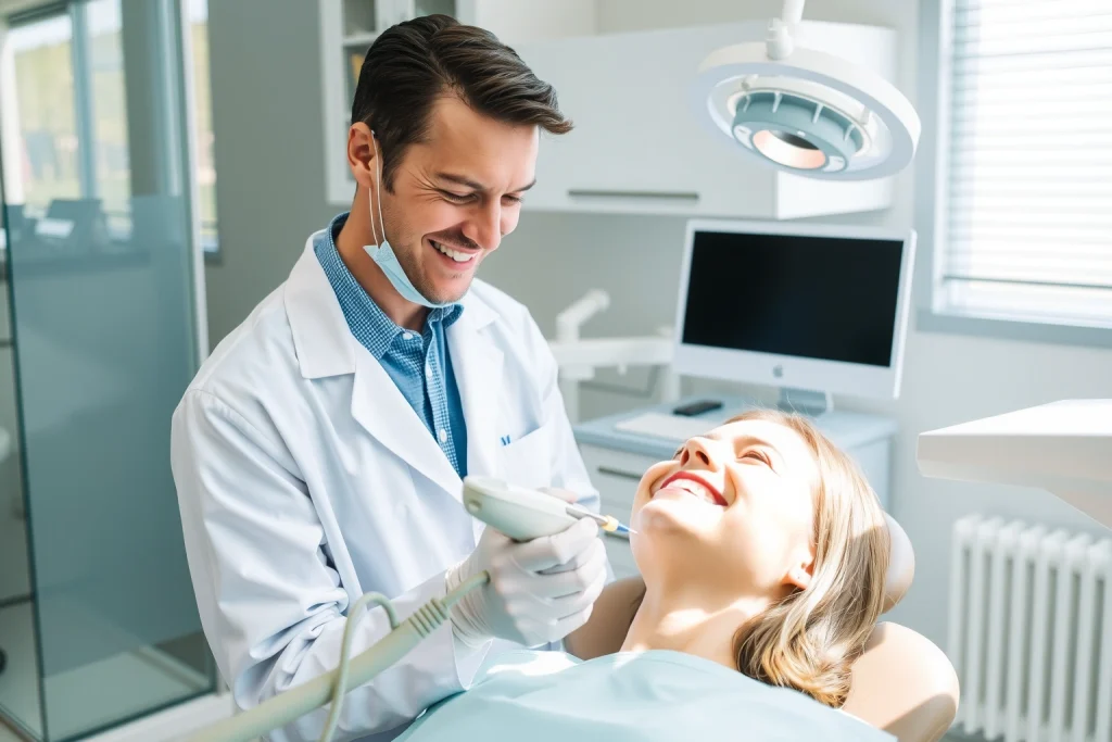 A modern dental clinic interior with a smiling dentist in a white coat using advanced painless dental technology, such as a laser device or computer-guided anesthesia system, treating a relaxed patient in a dental chair; soft, natural lighting, high detail, professional medical environment