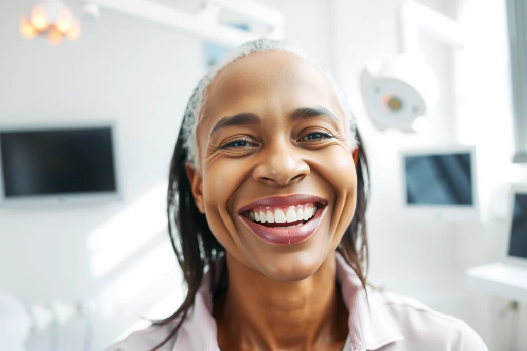 A confident adult person smiling warmly with visible dental implants, standing in a bright, modern dental clinic with soft natural light, clean white walls, and subtle medical equipment in the background. The focus is on the genuine, joyful expression and healthy, natural-looking teeth. No text, logos, or dental tools visible in the foreground.