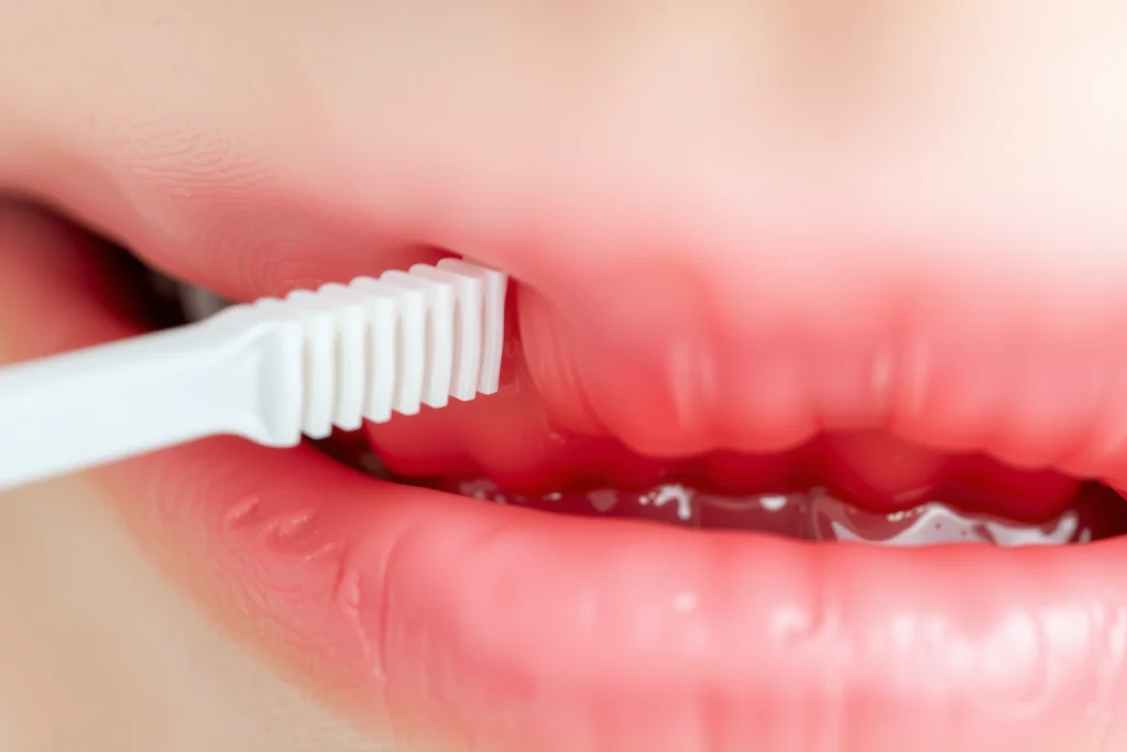 A close-up of healthy pink gums with no signs of bleeding, showing a toothbrush gently brushing along the gumline, soft natural lighting, dental hygiene context, clean and calm atmosphere