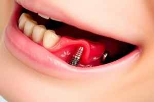 A close-up of a healthy human jaw with a dental implant site showing signs of rapid healing: pink gum tissue tightly sealed around the implant abutment, minimal swelling, no visible sutures, soft natural lighting highlighting tissue regeneration, subtle glow effect suggesting accelerated recovery, medical accuracy, serene and reassuring atmosphere
