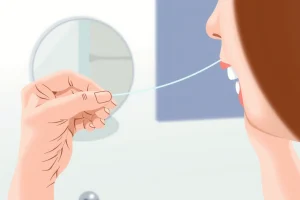 A clear, friendly illustration showing a person using dental floss correctly: hands holding floss between two teeth, gently moving it up and down along the tooth surface and slightly under the gumline, with a mirror in the background reflecting the action, soft natural lighting, focus on proper technique, no text or labels